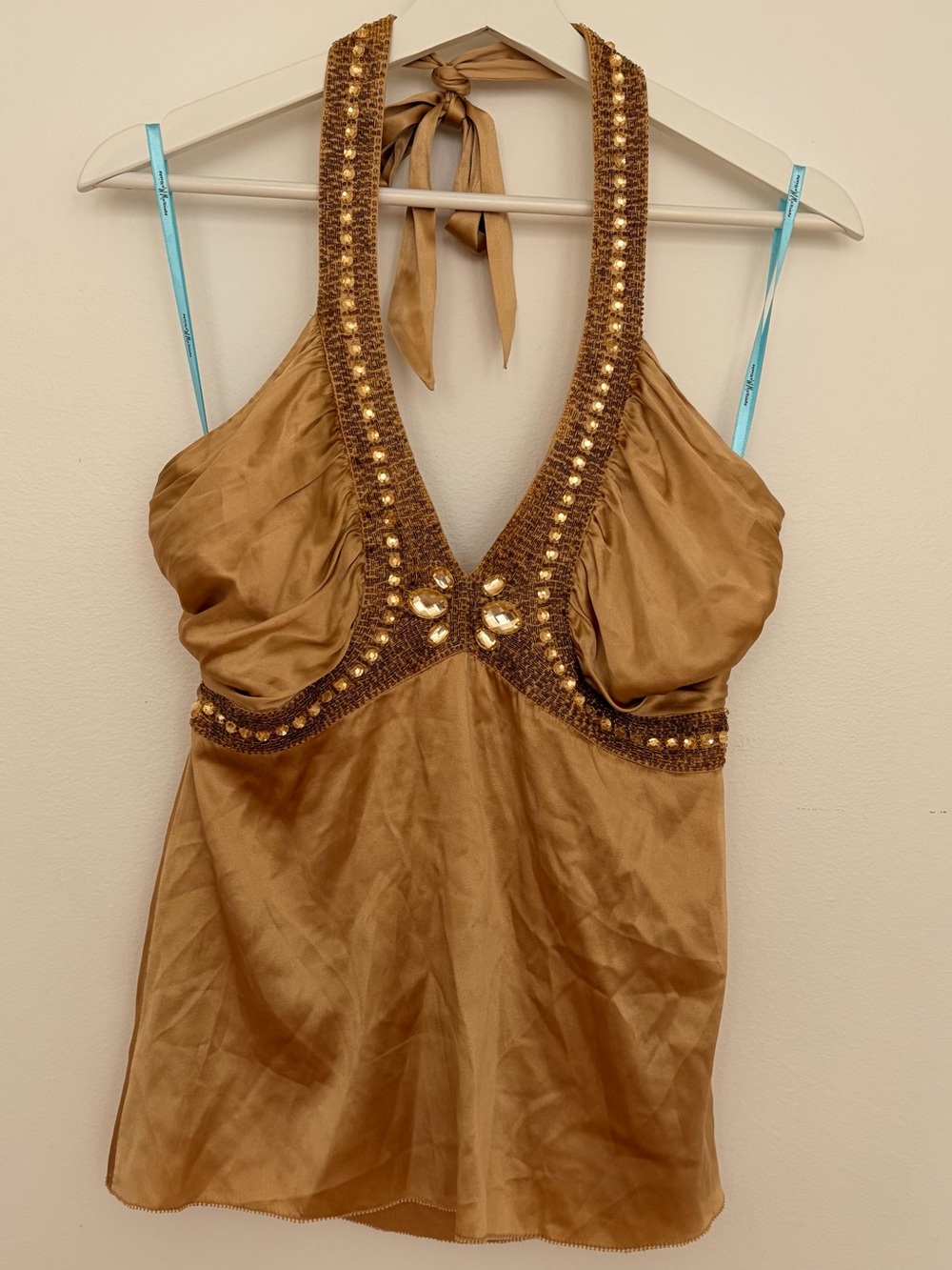 Y2K Marciano Gold-Brown Halter Camisole with Beaded Trim